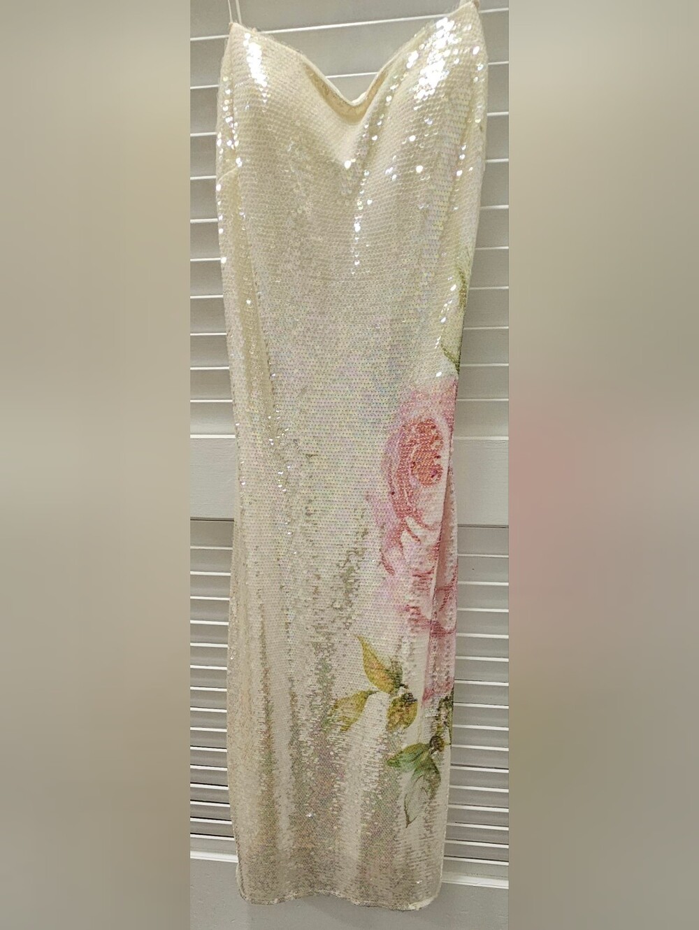 Spaghetti Strap Sequin Evening Gown with Rose Print - Cream